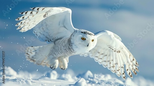 A beautiful snowy owl is flying over the snow-covered tundra.