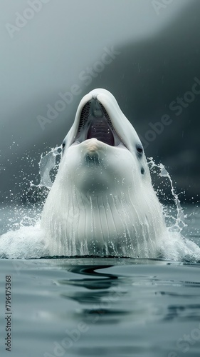 A beluga whale breaches the water's surface with its mouth wide open.