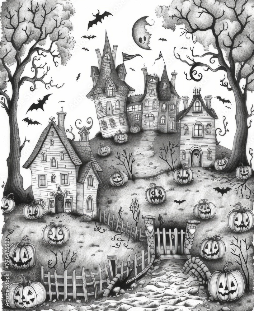 Enchanting Halloween Night with Haunted Houses and Pumpkins