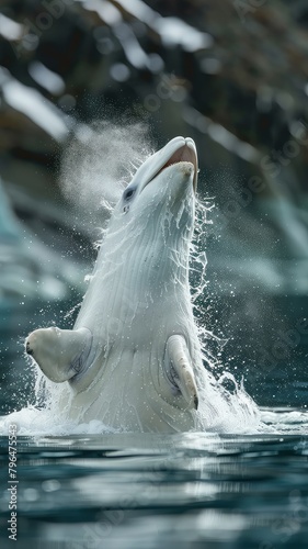A beluga whale jumping out of the water.