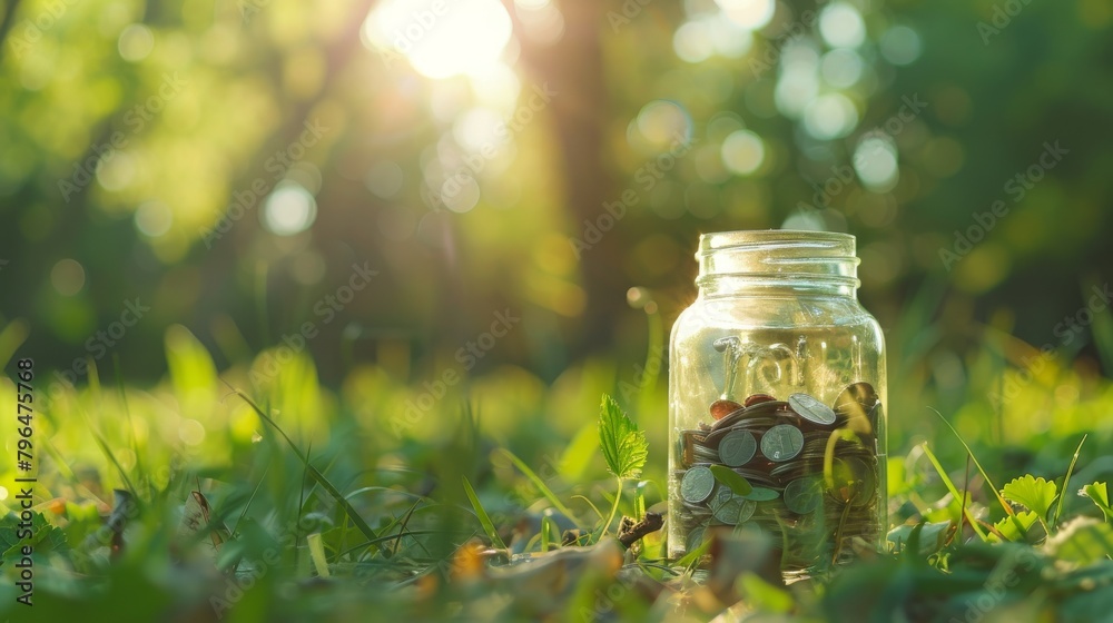 coin in clear jar on green nature blur background coin in clear jar on green nature blur background