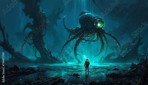 A lone diver encounters a massive, alien octopus
