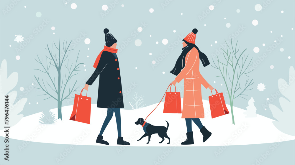 Man and woman with sales bags walking the dog in winter