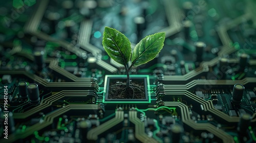 circuit board with green plant growing from it