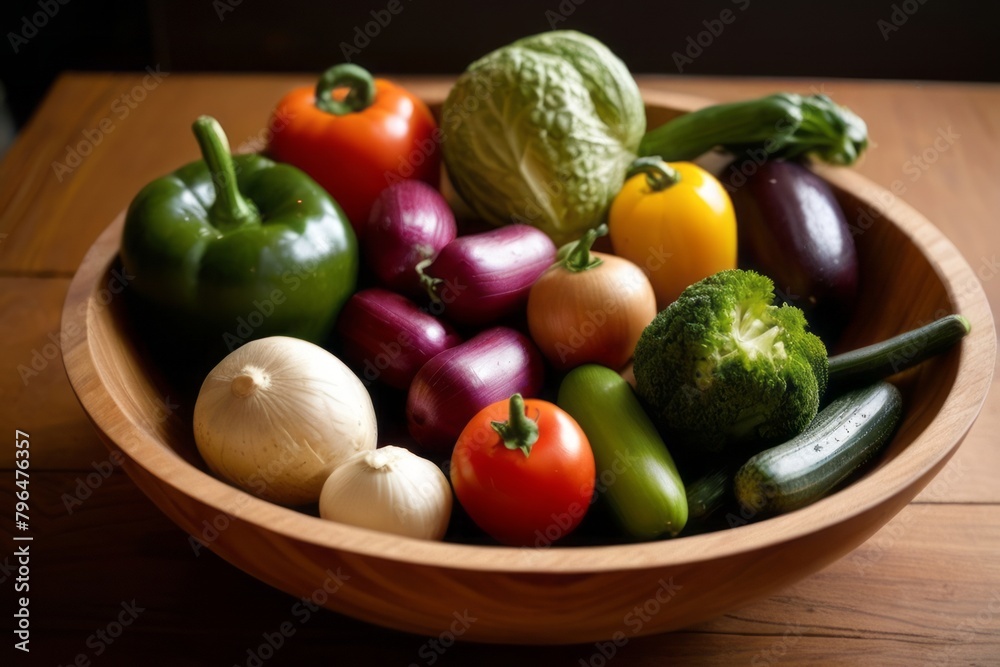 Discover a symphony of fresh vegetables nestled in a wooden bowl on a kitchen counter, emanating the natural essence of homegrown and organic bounty. Discover a symphony of fresh vegetables nestled in a wooden bowl on a kitchen counter, emanating the natural essence of homegrown and organic bounty.