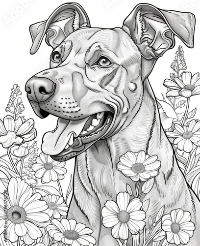 Happy Dog Surrounded by Flowers Coloring Page, coloring book © Flow_control