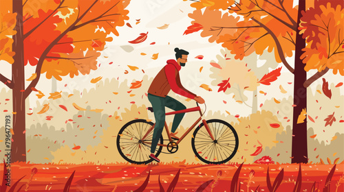 Man riding bike in autumn. Vector illustration in flat