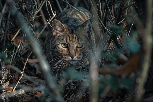 A stealthy cat stalking its prey in the underbrush, showcasing natural hunting instincts in a blend of documentary and editorial photography style