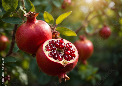 Pomegranate on tree branch, Red ripe pomegranate fruits grow on pomegranate tree in garden, Punica granatum fruit, close up of pomegranate to produce a delicious juice, Harvest concept selective focus photo