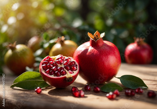 Pomegranate on tree branch, Red ripe pomegranate fruits grow on pomegranate tree in garden, Punica granatum fruit, close up of pomegranate to produce a delicious juice, Harvest concept selective focus photo