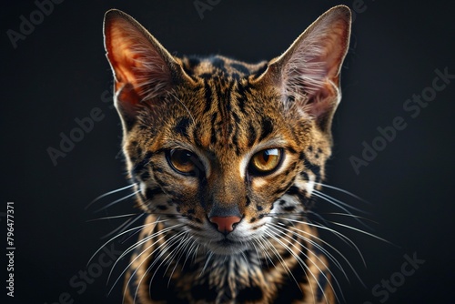 A visual exploration of the world's most exotic and unusual cat breeds, with a focus on the striking features of Savannah Cats, in a documentary, editorial, and magazine photography style composite