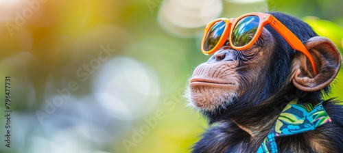 Chimpanzee showcasing trendy hawaiian attire complemented by stylish orange sunglasses