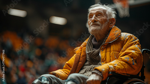 Elderly man in wheelchair at basketball game. Generative AI