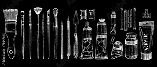 Hand drawn art supplies vector set