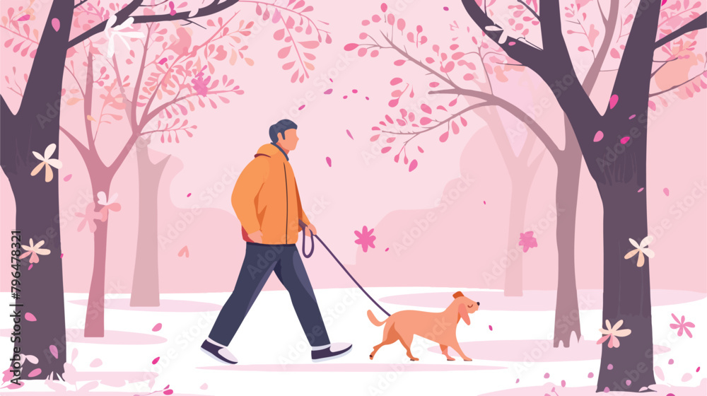 Man walking dog in spring. Landing page template. Cut