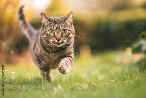 Documentary and editorial photography style capturing dynamic action shots of cats in motion, showcasing them jumping or running