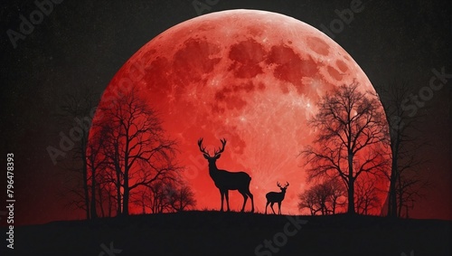 Silhouette deer on the background of red moon