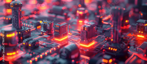 Bright neon lights in futuristic cityscape. Generative AI