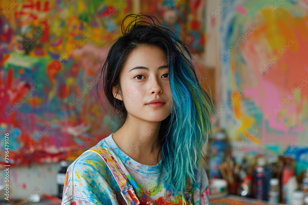 Portrait of a young asian female artist posing in her colorful studio.