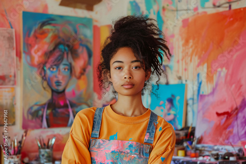 Portrait of a young Afro-American female artist posing in her vibrant studio.