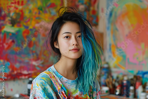 Portrait of a young asian female artist posing in her colorful studio.