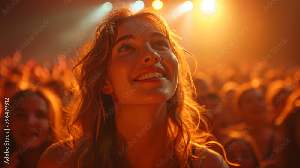 Portrait of a joyful girl in a concert audience, reveling in the music with a radiant expression of enjoyment.
