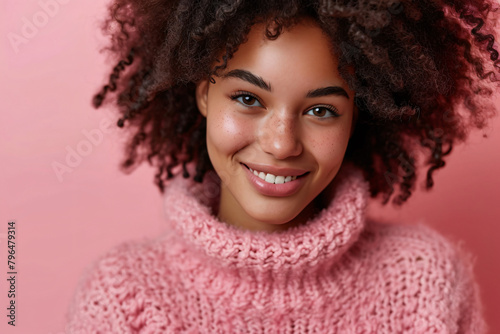 Close-up portrait of a charming woman with afro hair, wearing a pink sweater, looking and smiling at the camera against a backdrop of the same rosy hue.