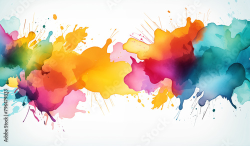 a white background, in the style of silver and gray, empty frame plain background ,vibrant illustrations, soft watercolours, paint splash blue red yellow and green, colorful arrangements