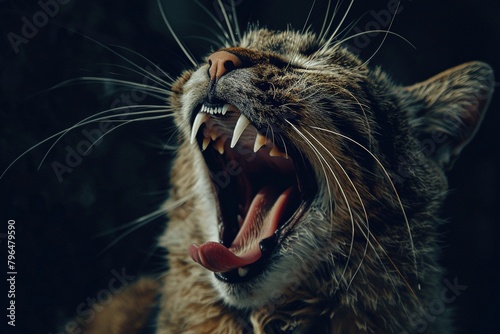 High-quality magazine photography capturing the intense expression of a cat mid-yawn, focusing on the details of its teeth and tongue with an editorial and documentary feel