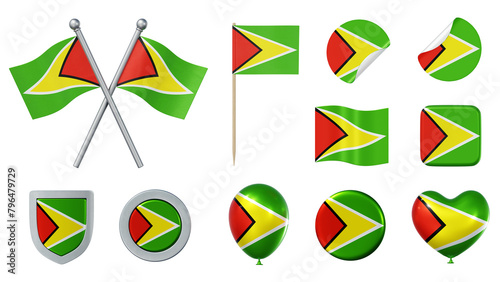 Set of objects with flag of Guyana isolated on transparent background. 3D rendering