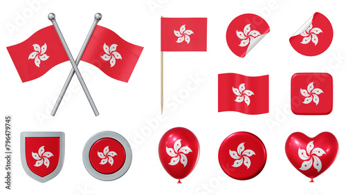 Set of objects with flag of Hong Kong isolated on transparent background. 3D rendering