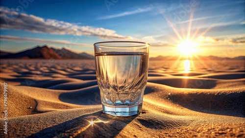 Glass of water on desert background
