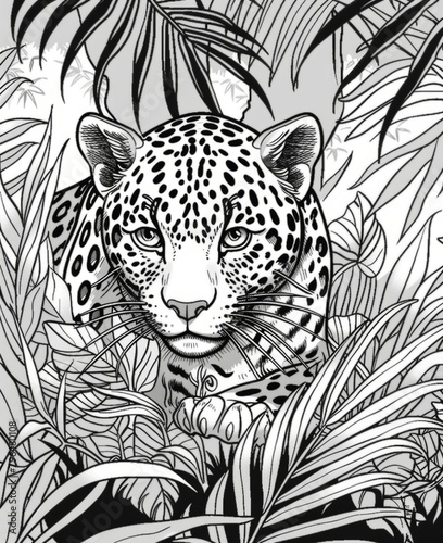 Majestic Leopard in Lush Jungle Foliage Illustration