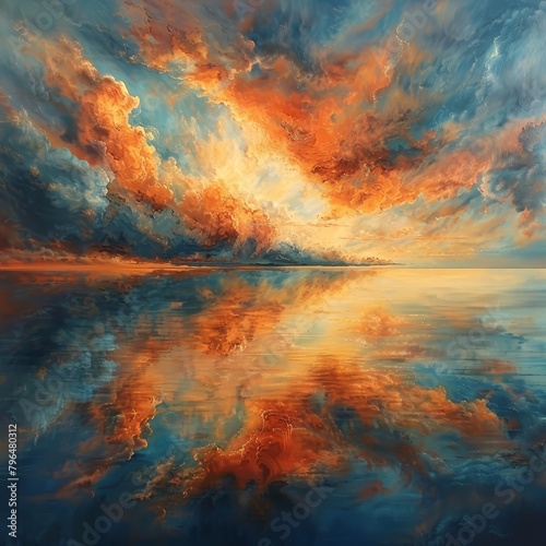 Painting of a colorful sunset over a calm sea.