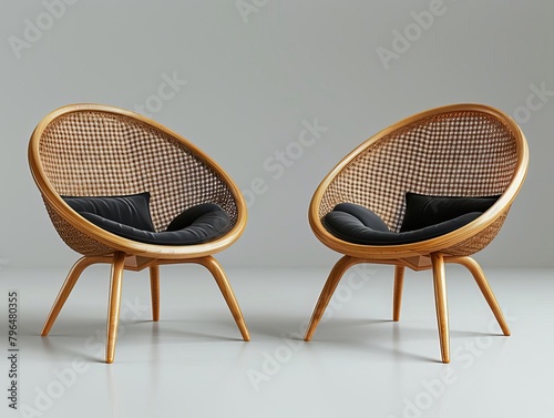 Two mid-century modern wicker chairs with black cushions on a white background. photo
