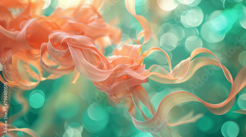 Surreal tendrils of coral and peach weaving through radiant emerald and jade bokeh.