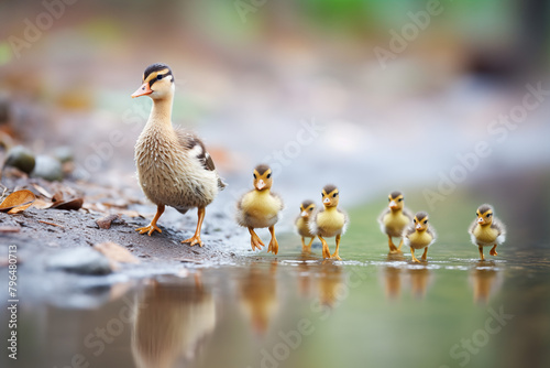 Ducks followed by a line of ducklings