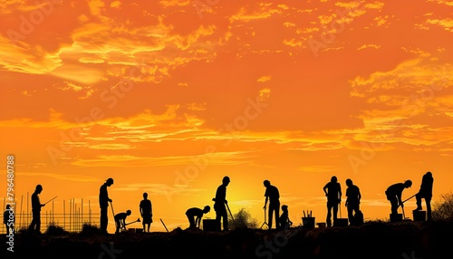 Silhouette of hardworking men on construction site at sunset