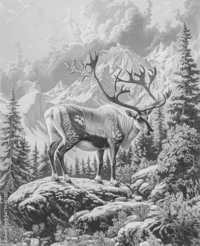 Majestic Stag Overlooking Mountainous Terrain in Monochrome photo