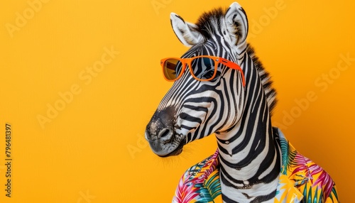 Fashionable zebra in vibrant attire with orange sunglasses and colorful hawaiian shirt