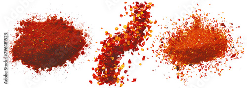 Crushed red cayenne pepper, dried chili flakes and ground minced paprika pile isolated on white, top view