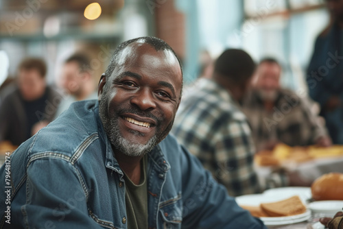 Positive homeless African American man standing at the table in a street dining hall, surrounded by other individuals