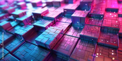 A computer generated image of a futuristic cityscape with a blue photo