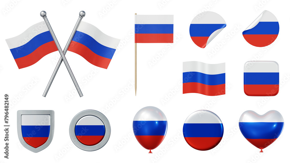 Set of objects with flag of Russia isolated on transparent background. 3D rendering Set of objects with flag of Russia isolated on transparent background. 3D rendering