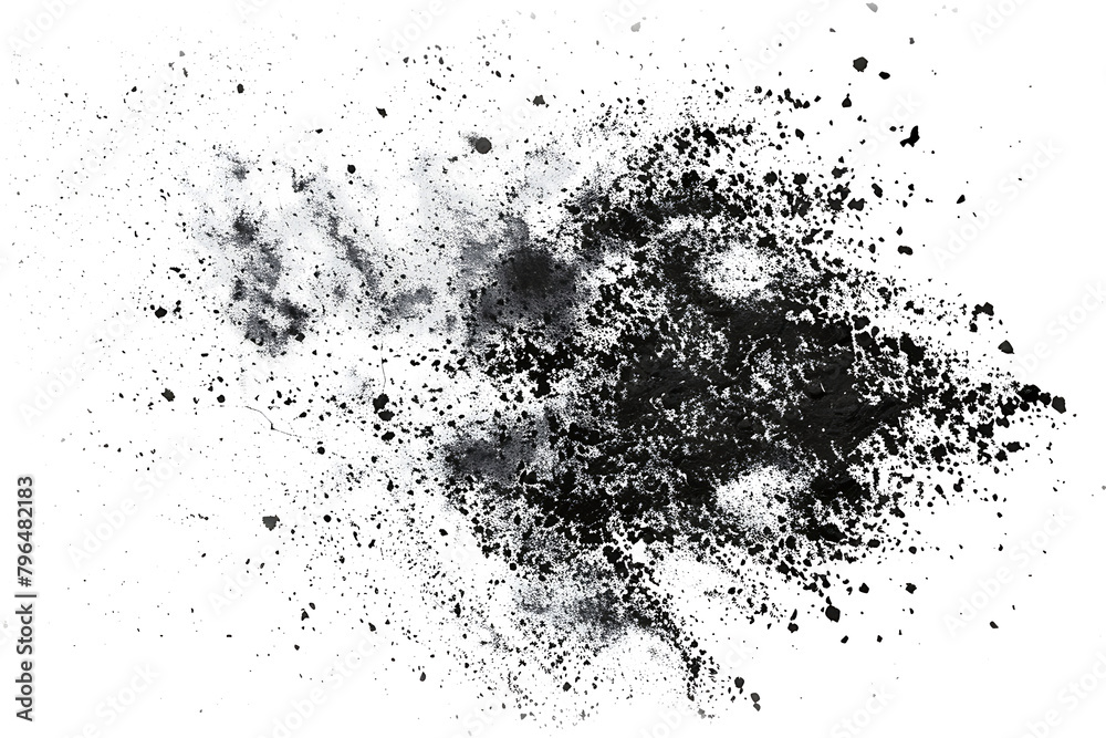 Black charcoal dust, gunpowder, with effect fragments explosion isolated on white background and texture, top view Black charcoal dust, gunpowder, with effect fragments explosion isolated on white background and texture, top view