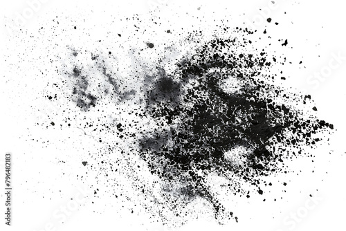 Black charcoal dust, gunpowder, with effect fragments explosion isolated on white background and texture, top view