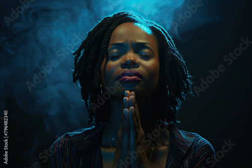 African American woman prays to god on dark studio background. Cinematic effect