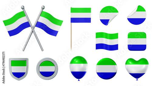 Set of objects with flag of Sierra Leone isolated on transparent background. 3D rendering photo