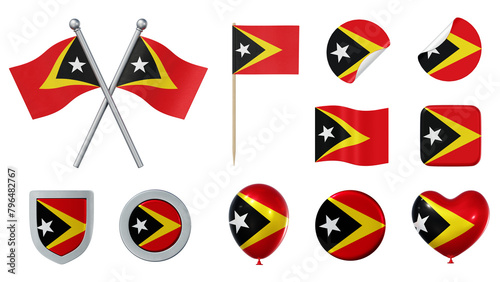 Set of objects with flag of Timor-Leste isolated on transparent background. 3D rendering photo