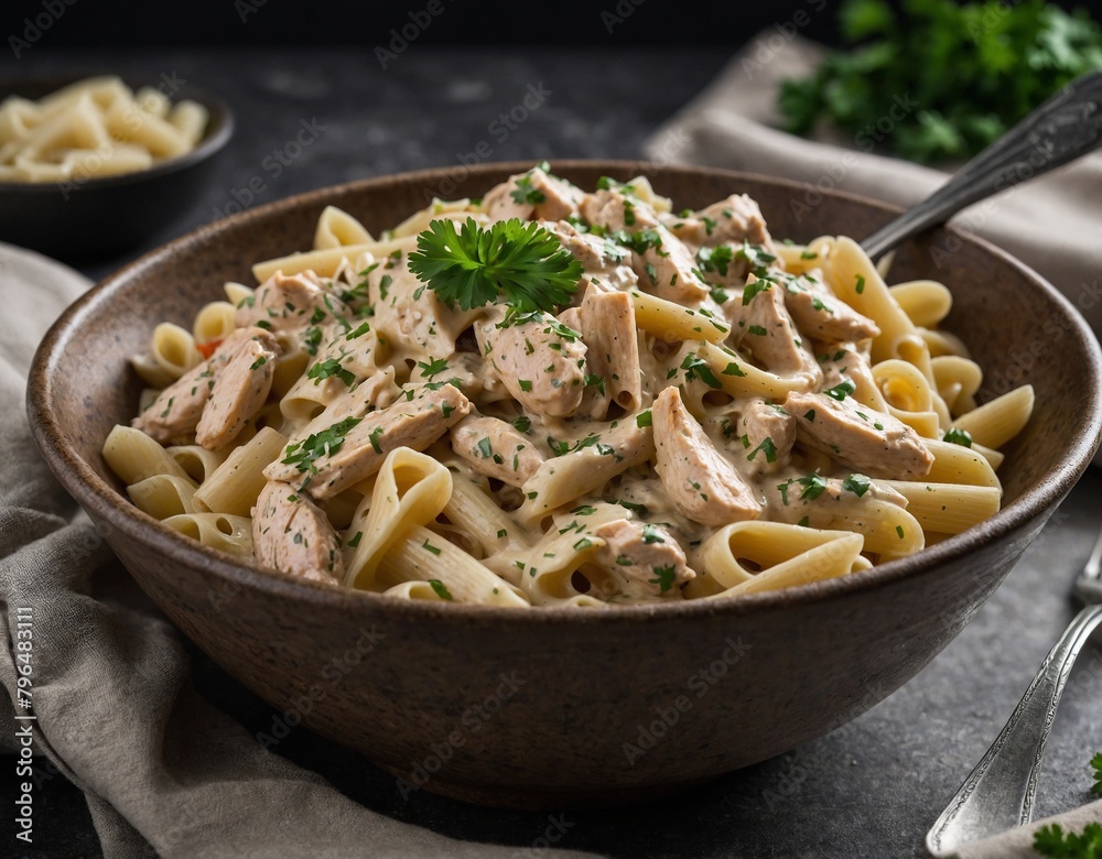 A bowl of creamy chicken alfredo pasta garnished with chopped parsley.
A bowl of creamy chicken alfredo pasta garnished with chopped parsley.